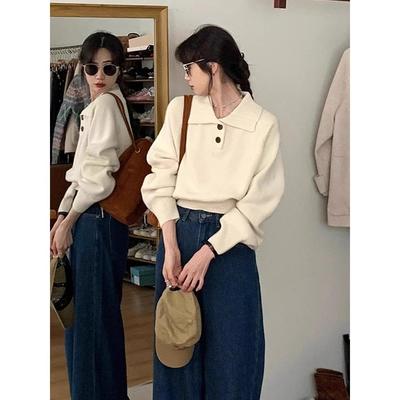 慵懒风polo衫翻领毛衣