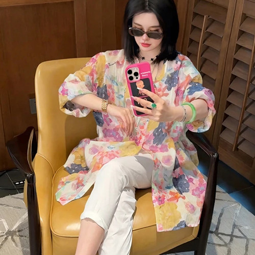 复古气质碎花防晒亚麻衬衫