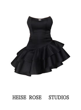 生日聚会小礼服黑色连衣裙女春秋新款抹胸短裙不规则蛋糕裙蓬蓬裙