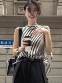 新款 法式 女夏季 条纹衬衫 小众气质飘带宽松显瘦上衣 轻奢高级感无袖