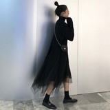 Váy nữ 2018 phiên bản Hàn Quốc khí chất eo cao hoa sen hoang dã đèn lồng dài tay mùa thu sinh viên đan yếm váy