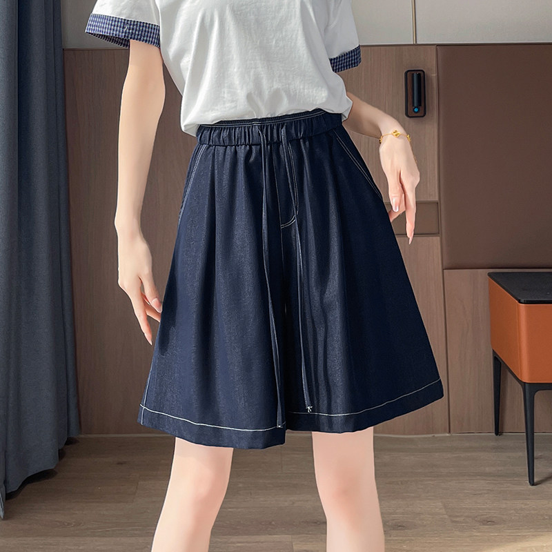 牛仔天丝短裤女夏季薄款松紧高腰大码宽松直筒阔腿a字休闲短裤