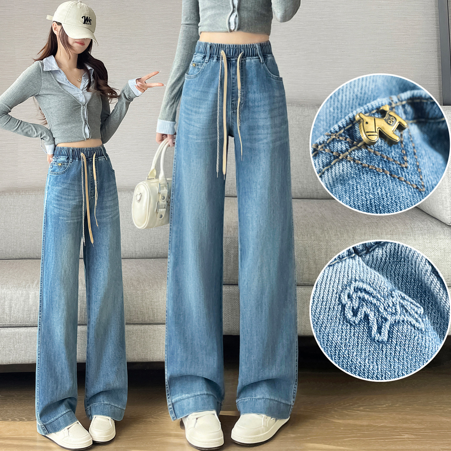 春季大码直筒牛仔裤女新款高腰宽松百搭显瘦初中高中学生阔腿裤子