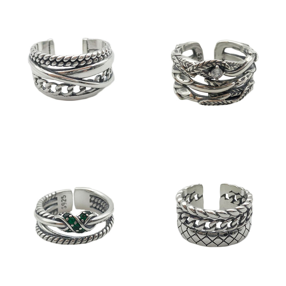 纯银时尚做旧戒指女韩版潮流活口调节多层个人款ins风个性设计