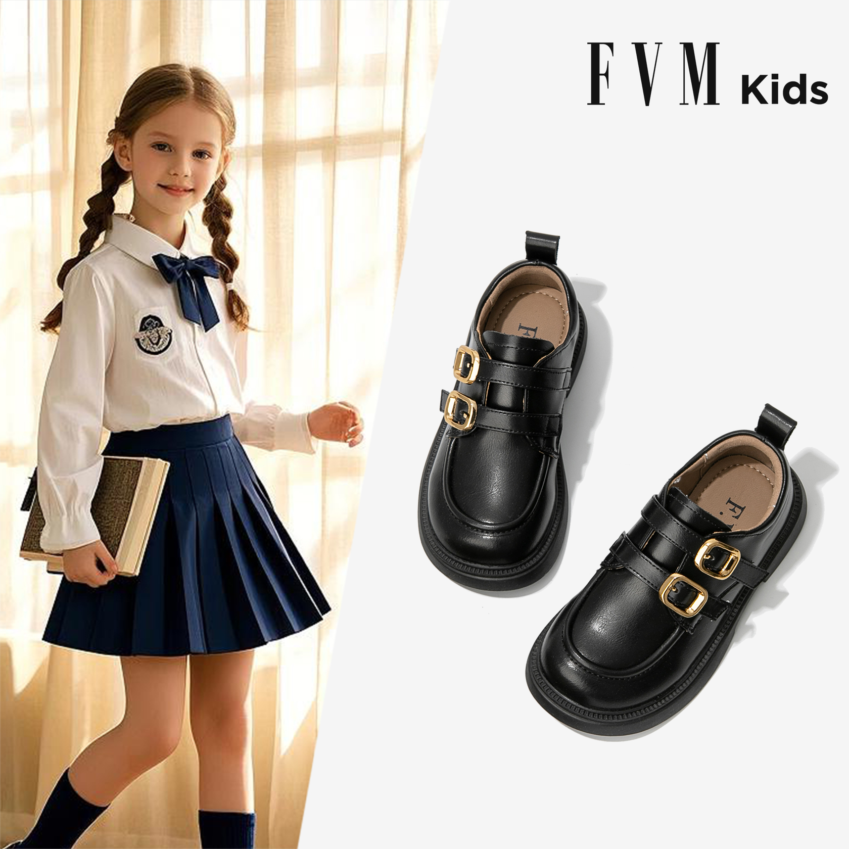 FVM女童鞋子儿童公主小皮鞋2025新款春秋季英伦黑色乐福学生演出