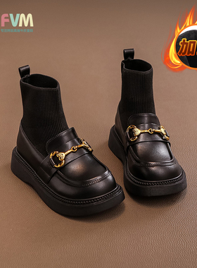女童鞋子儿童马丁短靴子袜靴2025秋冬季新款女孩加绒皮靴洋气大童