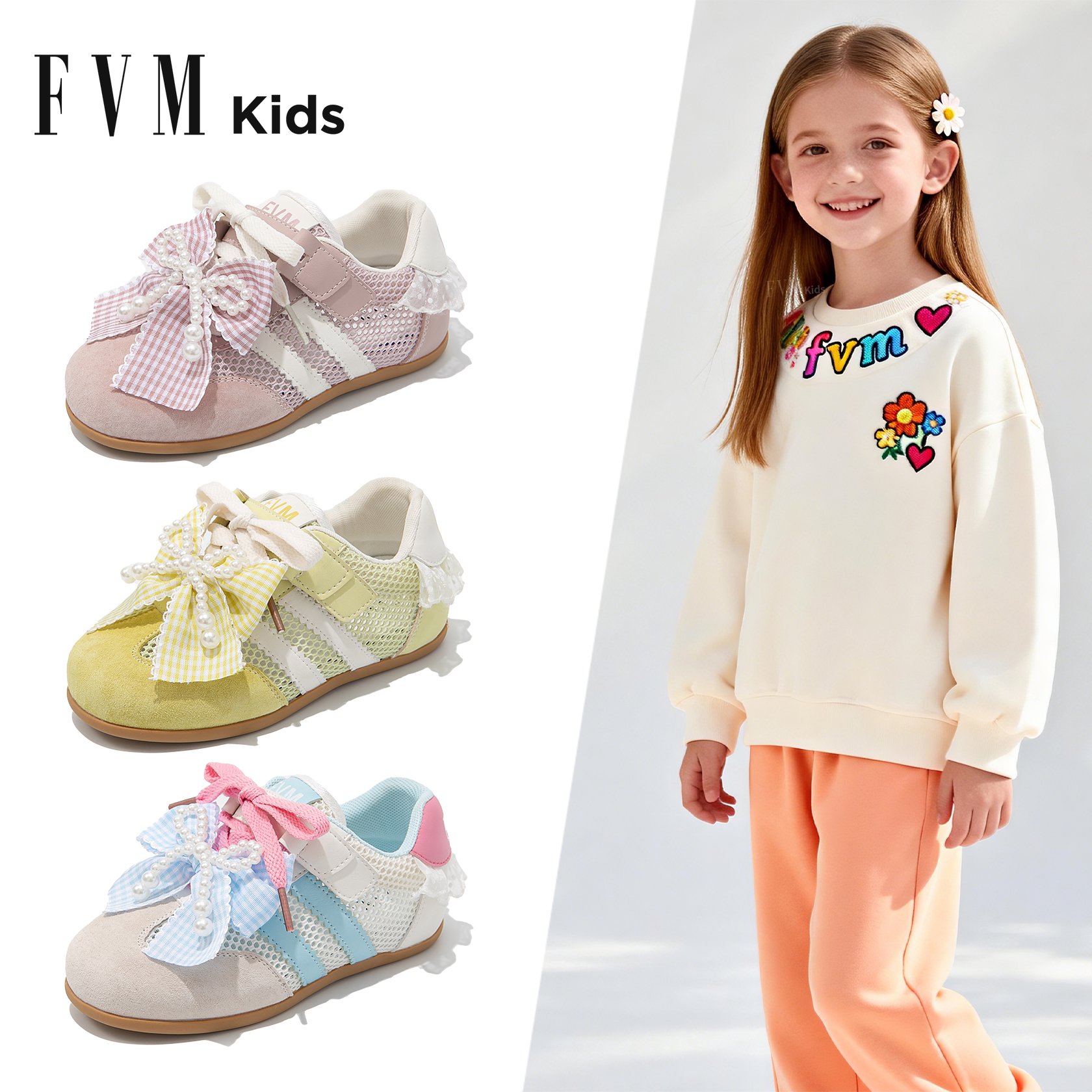 FVM女童鞋子儿童运动板鞋2026新款春季春款网面透气大童休闲德训