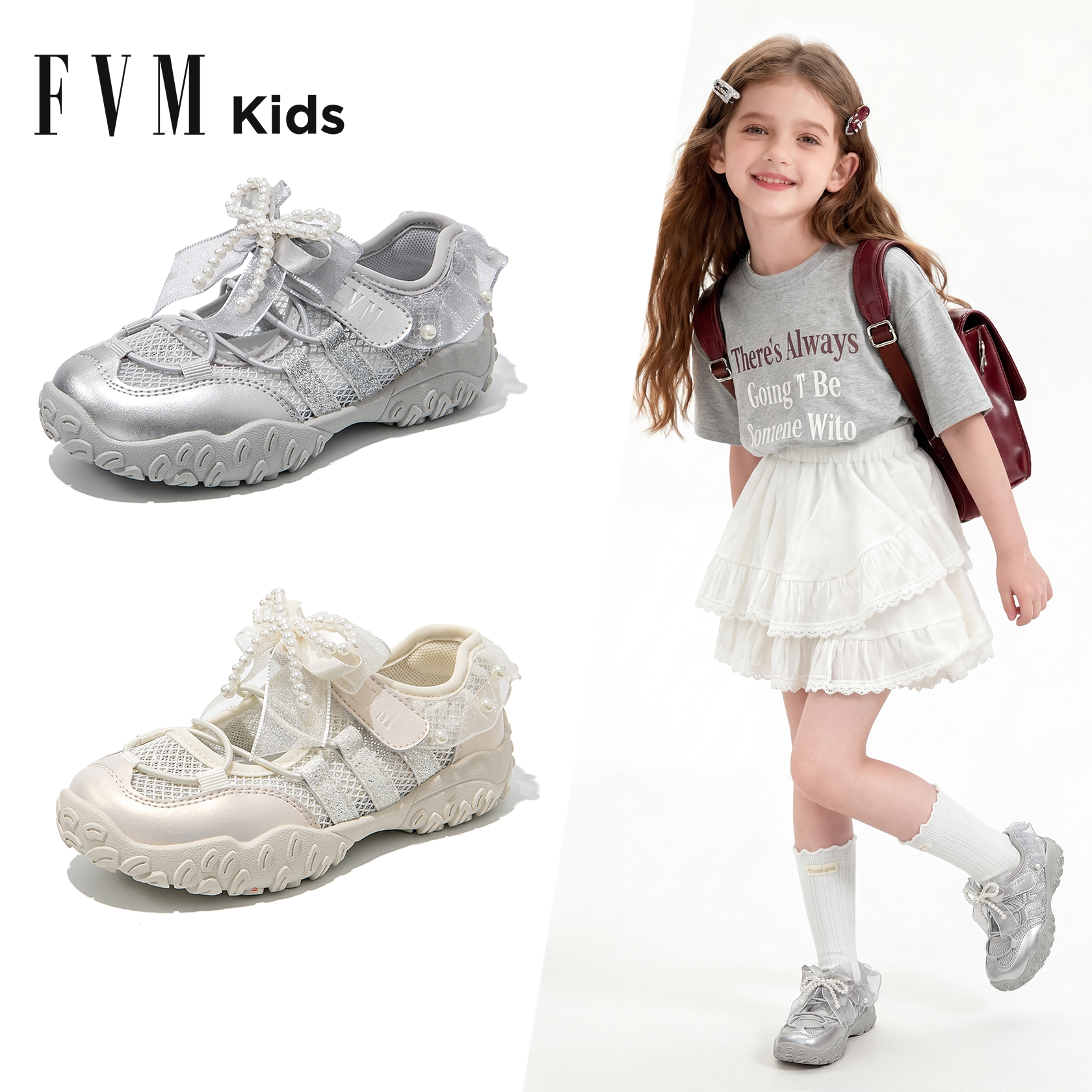 女童鞋子儿童运动德训网鞋2026夏季春夏薄款大童网面透气银色芭蕾