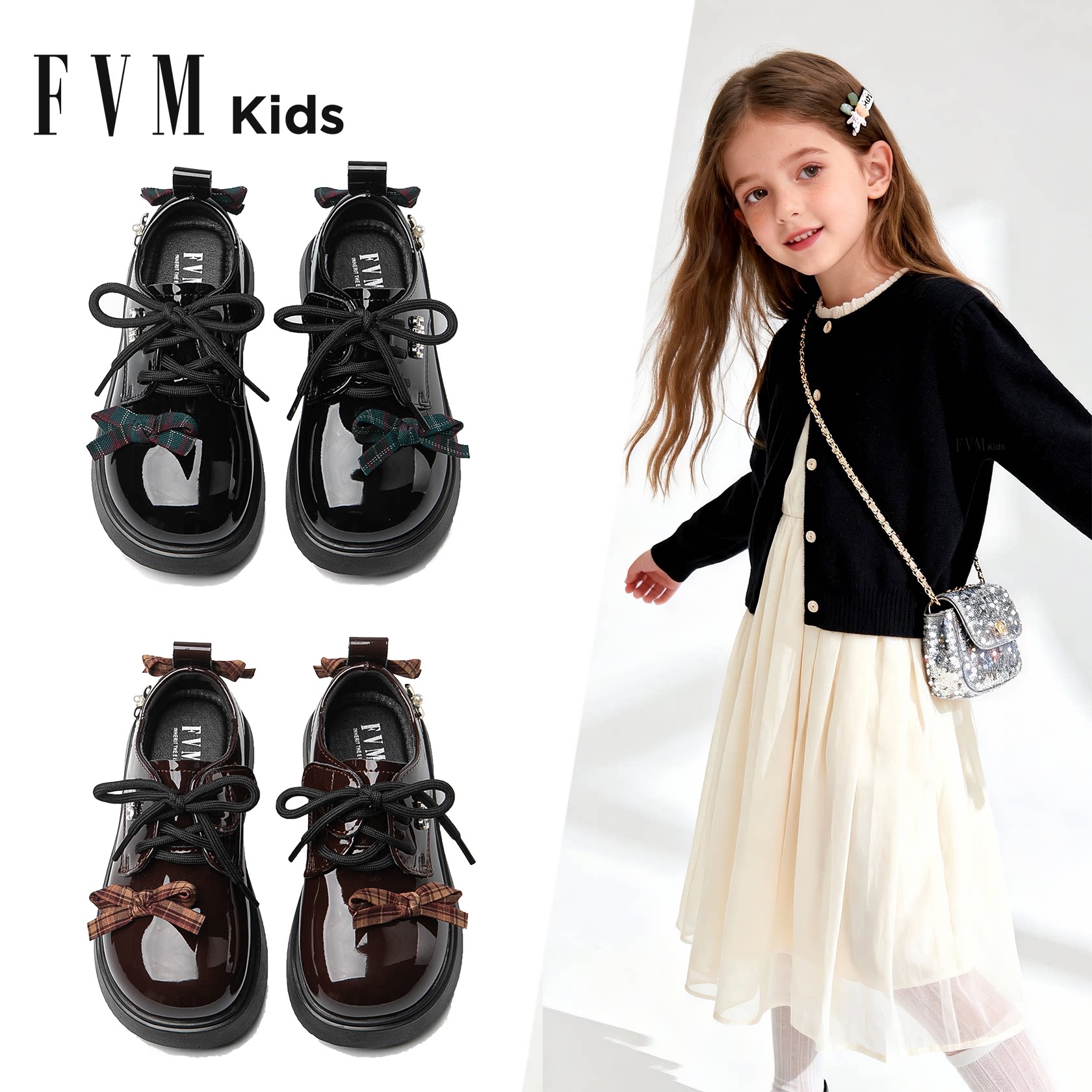 FVM女童鞋子儿童公主小皮鞋2026新款春季软底小女孩黑色英伦单鞋