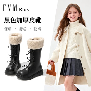 女童黑色靴子儿童加厚长筒长靴2025新款秋冬季高筒雪地靴加绒皮靴