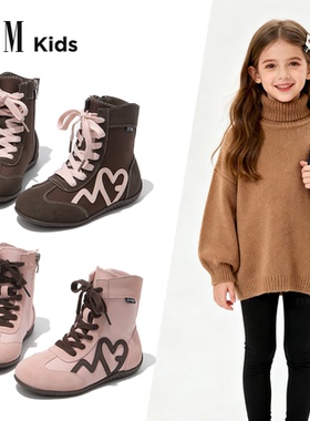 女童咖色德训短靴儿童加绒马丁靴子2025新款秋冬季女宝宝中筒爆款