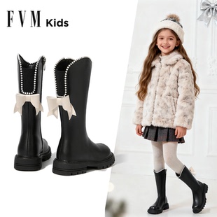 FVM女童鞋子儿童长靴子2026秋冬季新款长筒高筒皮靴加绒公主洋气