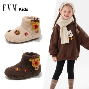 FVM女童鞋子儿童二棉鞋2025新款冬季女孩加绒毛毛宝宝雪地靴大童