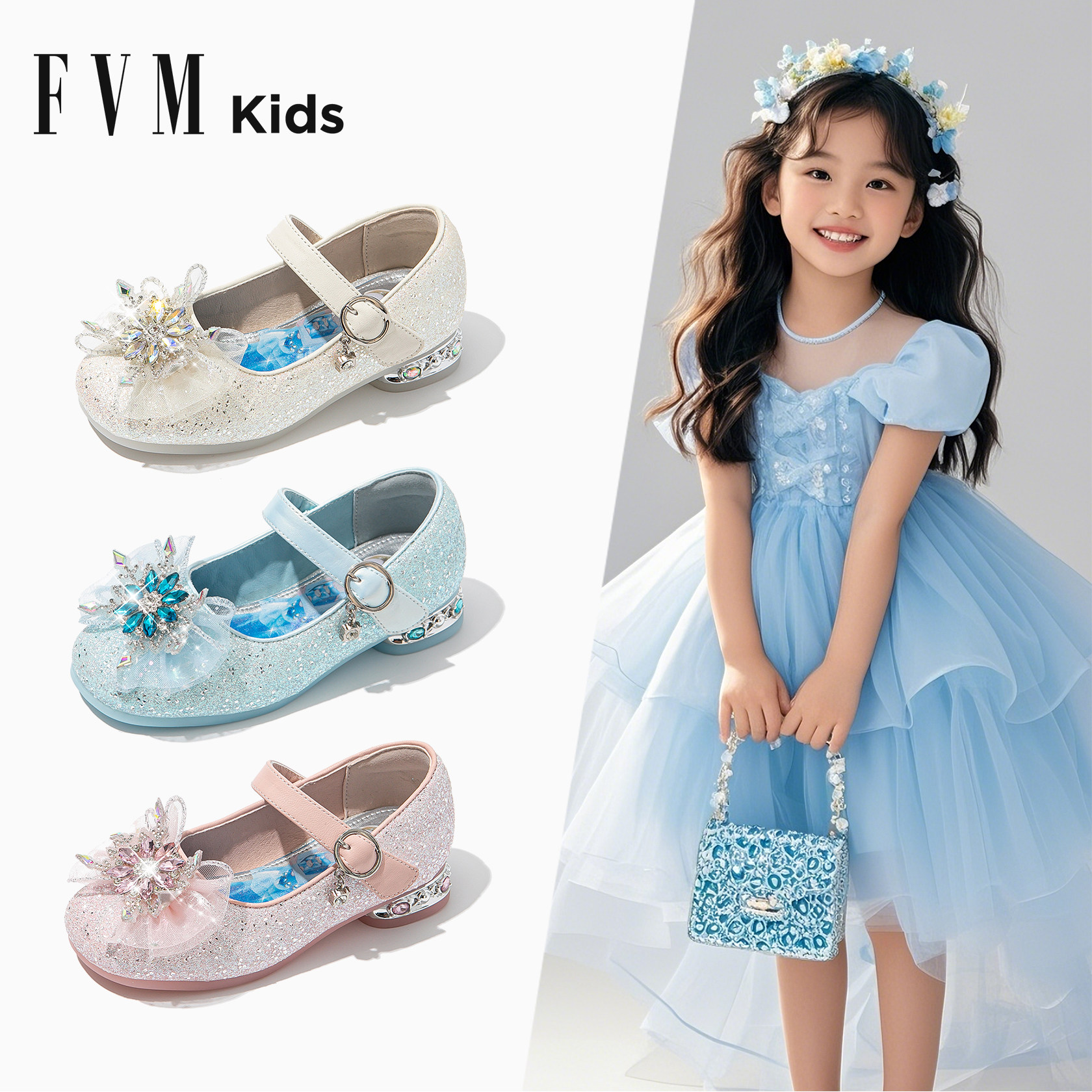 FVM女童鞋子儿童水晶鞋2026新款艾莎单鞋高跟软底洋气蓝色公主鞋,童鞋/婴儿鞋/亲子鞋,水晶/水钻鞋,淘宝优惠券,粉丝福利购,淘宝优惠卷