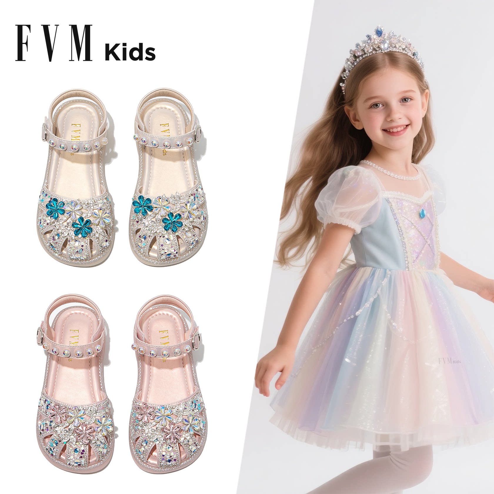 FVM女童鞋子儿童公主水晶凉鞋2026新款夏季夏款大童漂亮女孩包头