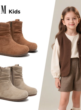 女童鞋子儿童堆堆马丁短靴子2025秋冬季新款女孩勃肯加绒皮靴洋气