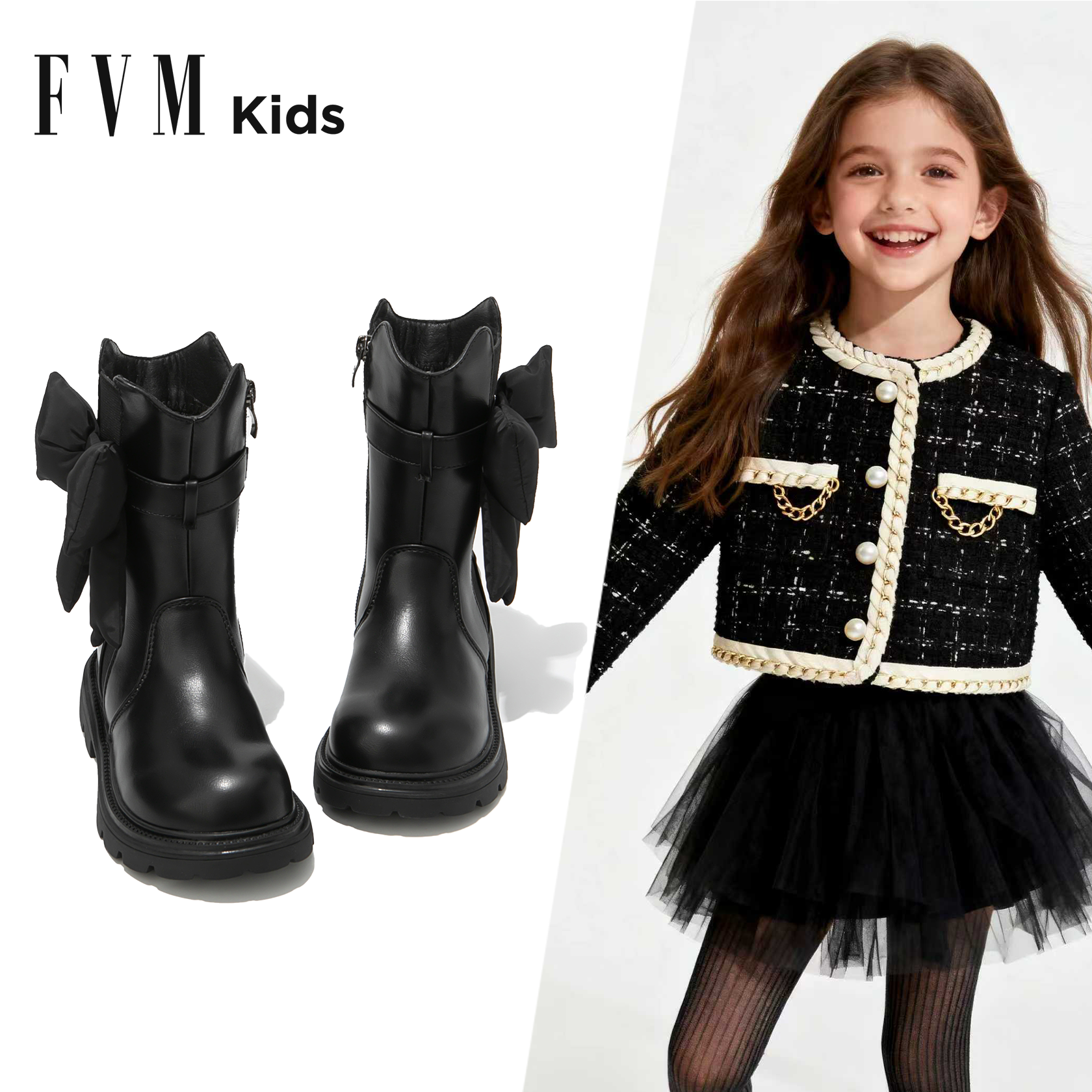 FVM女童秋冬季加绒马丁洋气皮靴