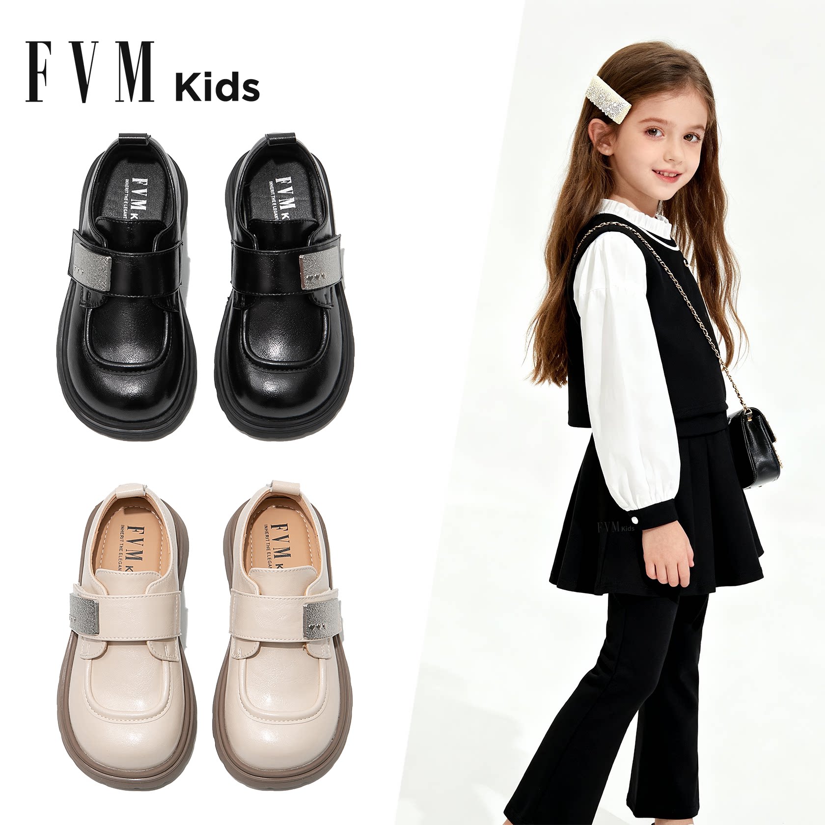 FVM女童鞋子儿童公主小皮鞋2025新款春季软底小女孩黑色乐福单鞋