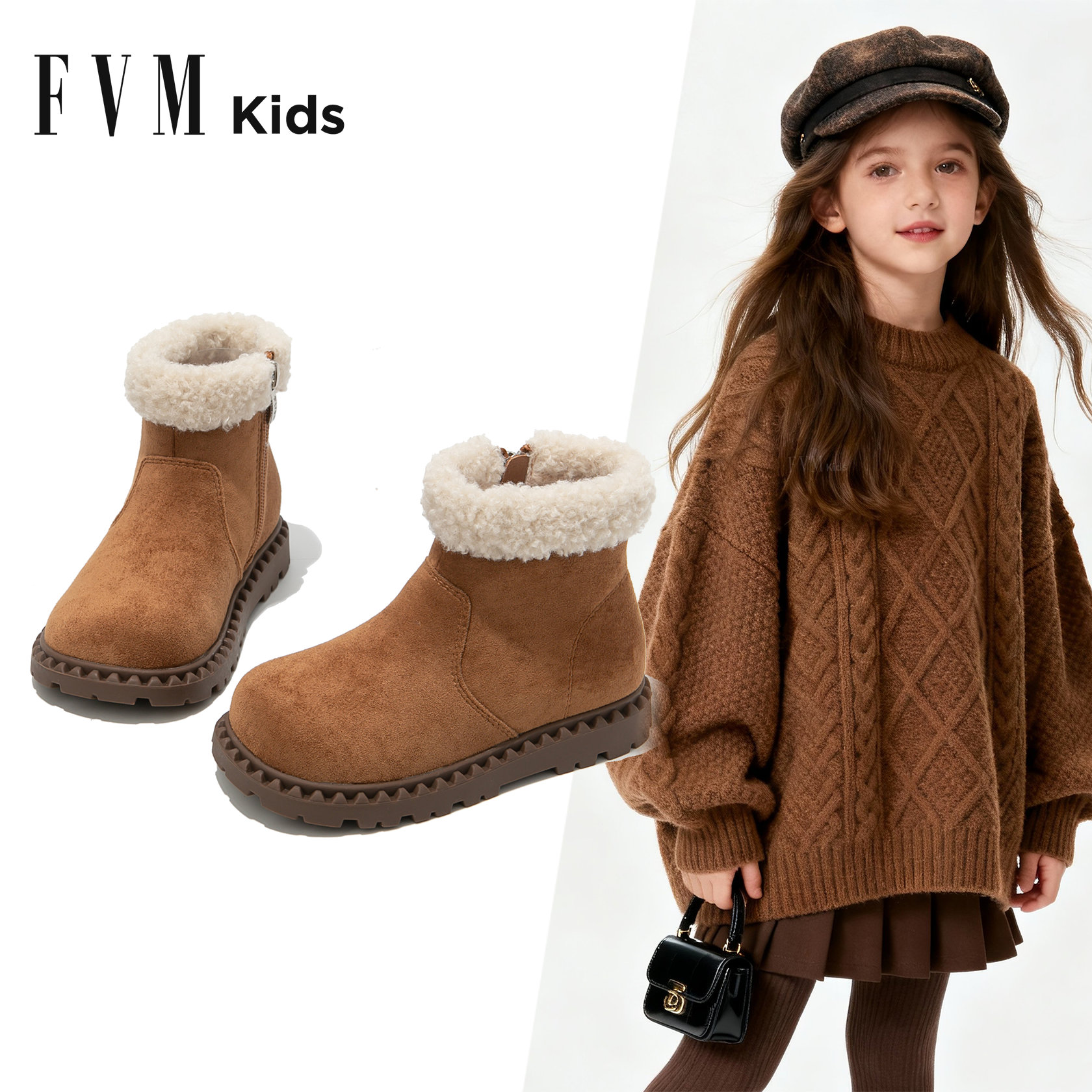 FVM女童鞋子儿童马丁靴2025新款冬季女宝宝加绒洋气勃肯短靴子