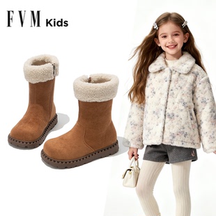 FVM女童鞋子儿童马丁长靴子2025新款冬季加绒雪地靴勃肯中筒皮靴