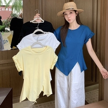 加肥加大码女装夏季不规则开叉短袖T恤胖MM显瘦短款露背上衣小衫