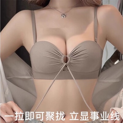 内衣女小胸聚拢加厚平胸显大无肩带内衣防滑绑带聚拢收副乳文胸罩