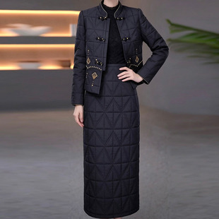 压缩蓄热棉时尚外套连衣裙套装2026冬季新款精致洋气夹棉两件套女