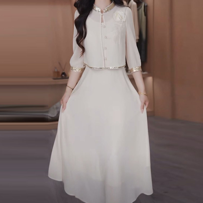 轻奢高级感七分袖两件套连衣裙女2026春夏新款纯色显瘦背心裙套装