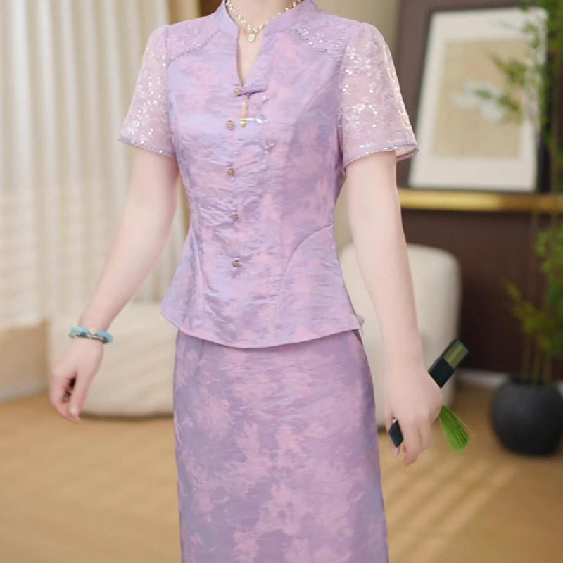 新中式薄款短袖套装礼服裙女2026夏季新款妈妈装上衣半身裙两件套