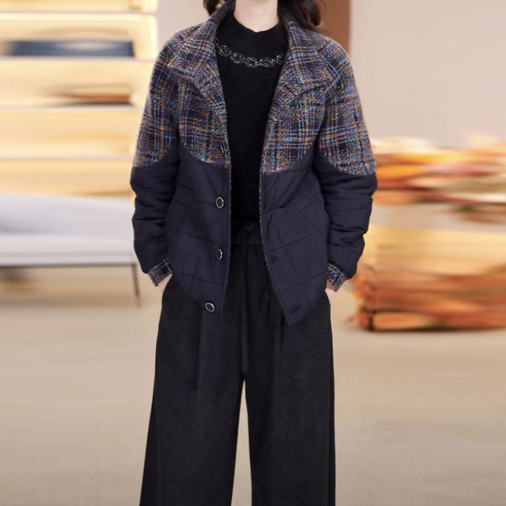 轻奢气质拼接夹棉外套女2025秋冬季宽松显瘦减龄遮肉百搭保暖上衣