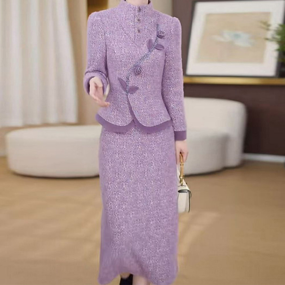 轻奢雪花绒小衫搭半身裙女2025秋冬季修身显瘦减龄中长款保暖套装