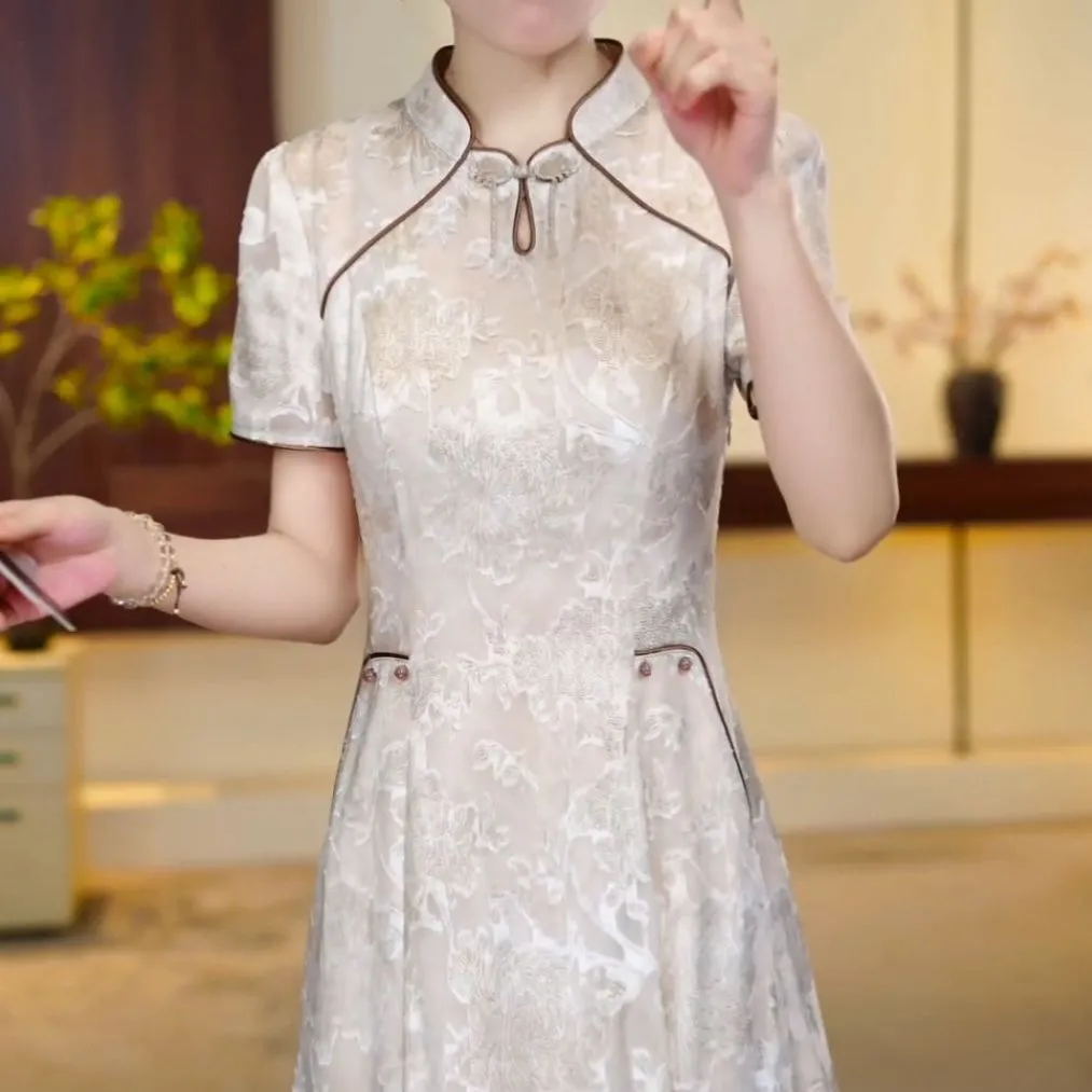 夏季新款高档大码新中式女款连衣裙短袖气质减龄妈妈装旗袍国风裙