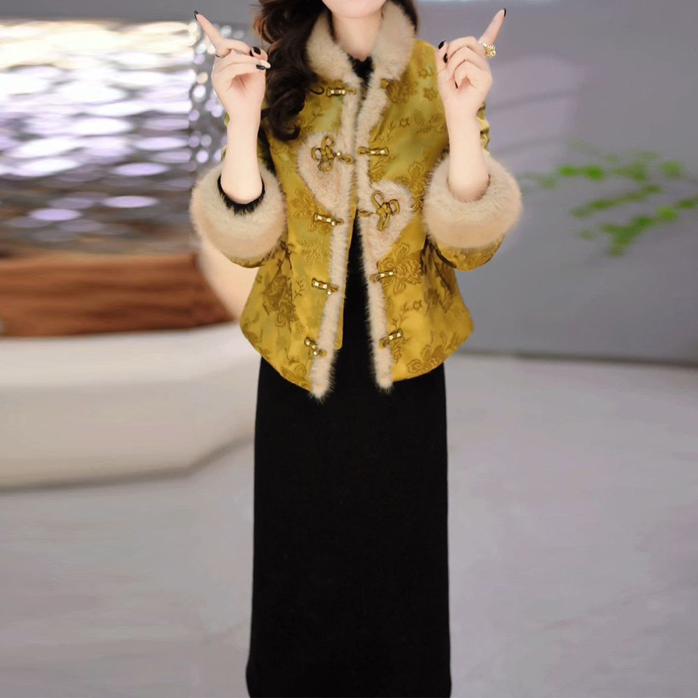 慕尧方女装新中式国风大码中年妈妈礼服裙2025年冬季新款加厚套装