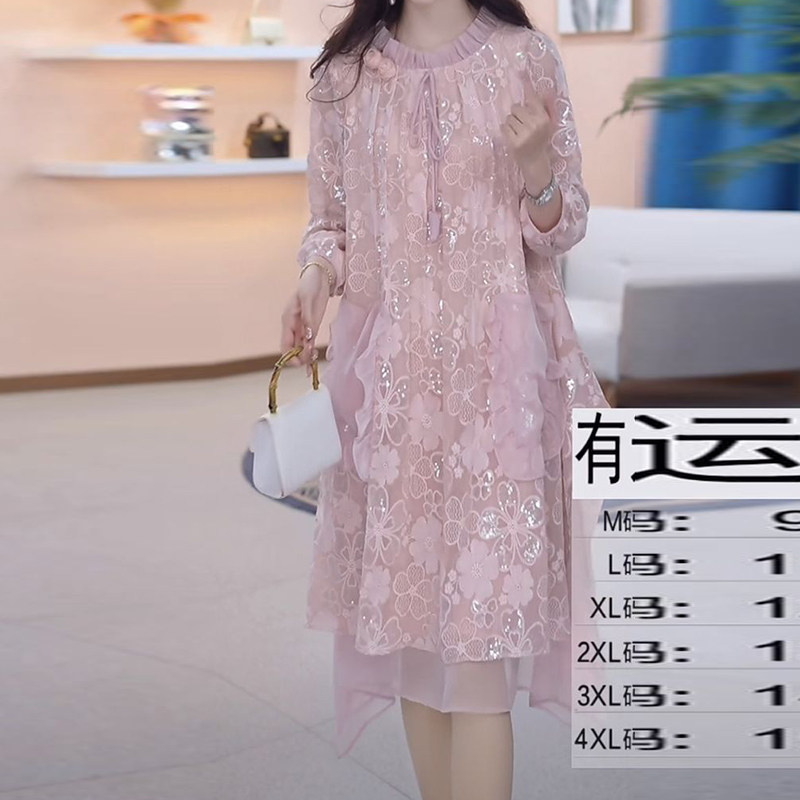 高级轻羽丝法式轻奢宽松刺绣礼服裙2025春秋新款优雅纯色显瘦裙子