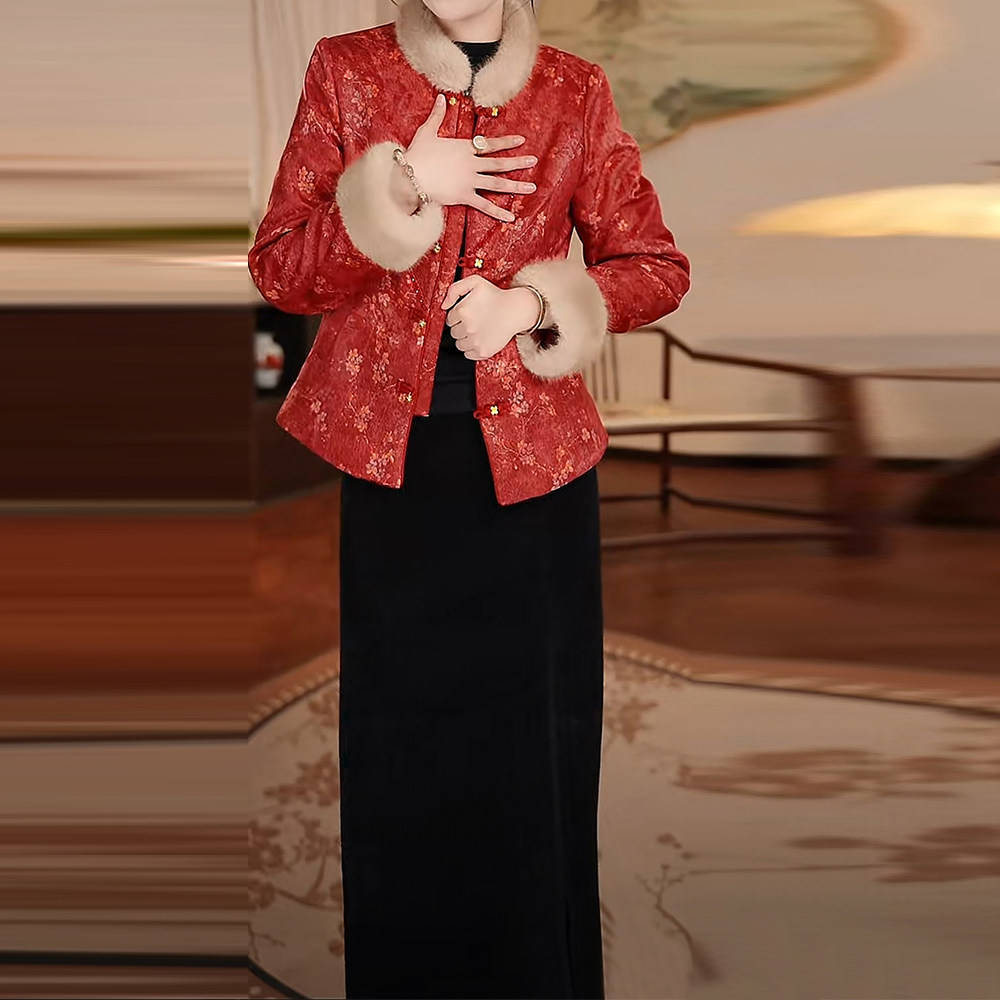 精致国风棉服搭半身裙女2025冬季修身显瘦减龄遮肉中长款保暖套装