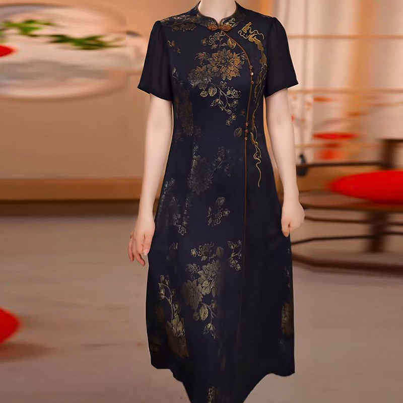 新中式改良旗袍连衣裙2026年夏立领中长款气质妈妈减龄显瘦A字裙