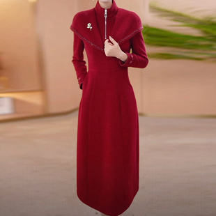 洋气优雅贵夫人连衣裙女2025年秋冬季修身显瘦减龄遮肚中长款裙子