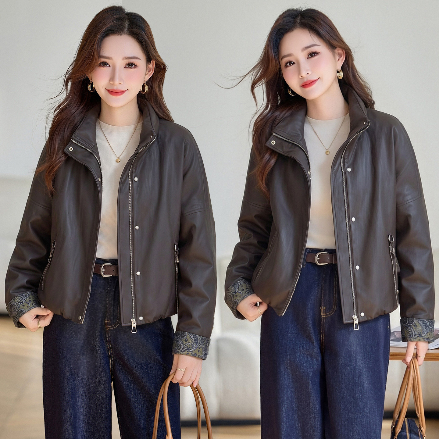 赫本风翻领PU皮羽绒服女2026年冬季宽松显瘦减龄遮肉百搭保暖外套