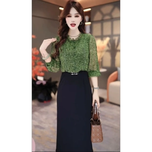 时尚九分袖雪纺衬衫女2026春季薄款透气印花上衣洋气遮肉显瘦小衫