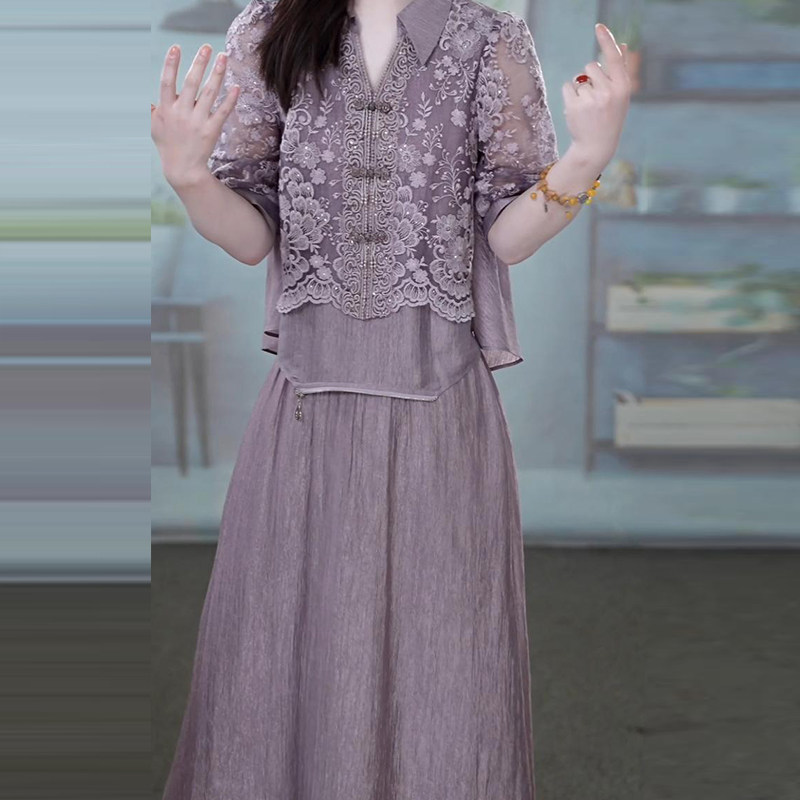 钩花刺绣上衣搭半身裙女2026年夏季修身显瘦减龄遮肚中长款套装裙