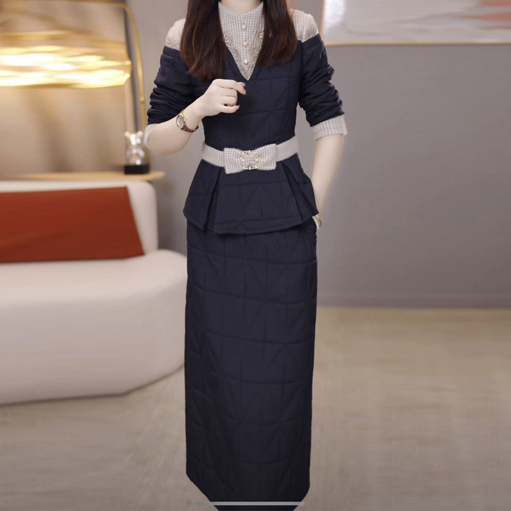 高端夹棉上衣搭半身裙女2025年秋冬季修身显瘦减龄遮肚中长款套装