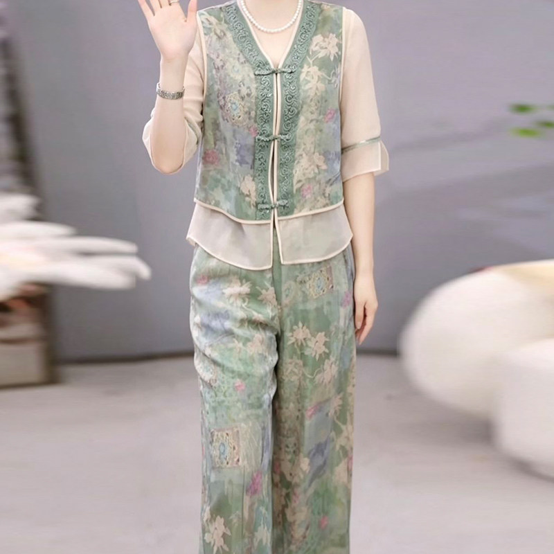 冰丝缇花缎气质时尚套装2026夏季新款洋气中式上衣加阔腿裤两件套