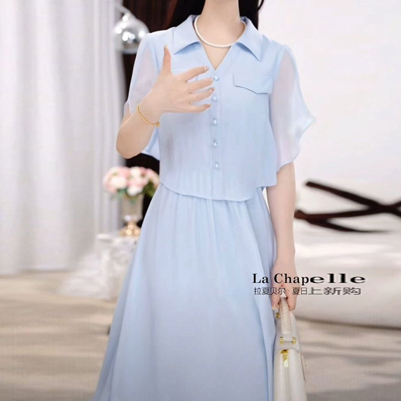 高级冰丽丝洋气气质轻奢礼服裙2025夏季新款纯色假俩件遮肉连衣裙