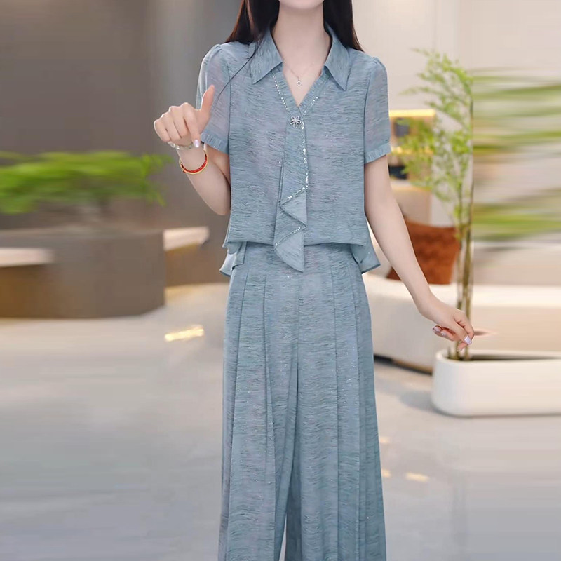 气质优雅高级感上衣搭阔腿裤女2026年夏季修身显瘦减龄遮肉套装裤