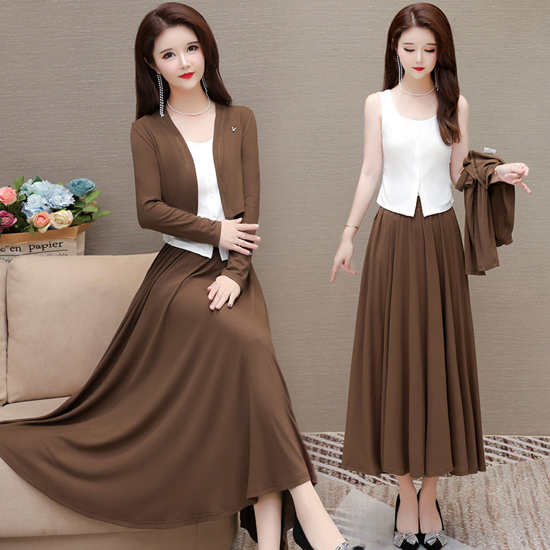 高端时尚优雅长袖三件套连衣裙女2024年新款秋季修身显瘦中长裙子