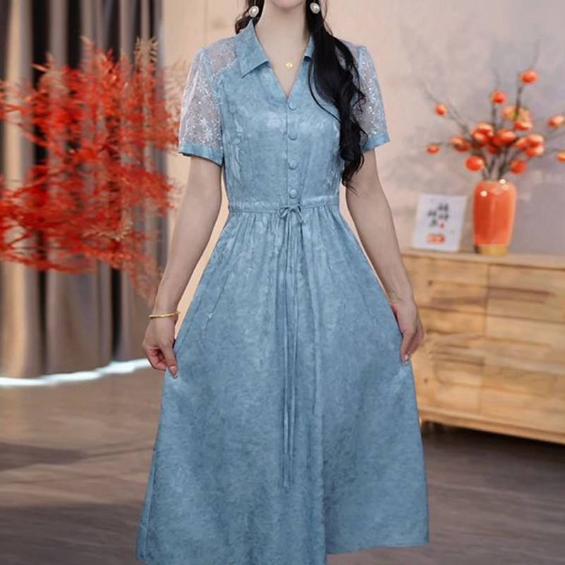 气质高级感衬衫领连衣裙女2026春季新款妈妈时尚高端洋气短袖裙子