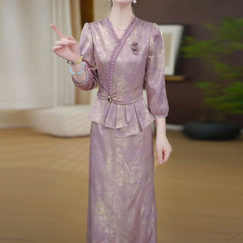 高端宋锦提花缎两件套2026春季新款女气质显瘦上衣轻奢半身裙套装