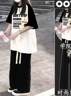 单/套装夏季慵懒风韩版宽松短袖t恤女学生休闲阔腿裤两件套ins潮