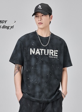 美式扎染短袖T恤男生夏季新款宽松休闲圆领字母印花渐变半袖上衣