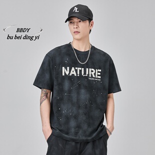 美式扎染短袖T恤男生夏季新款宽松休闲圆领字母印花渐变半袖上衣